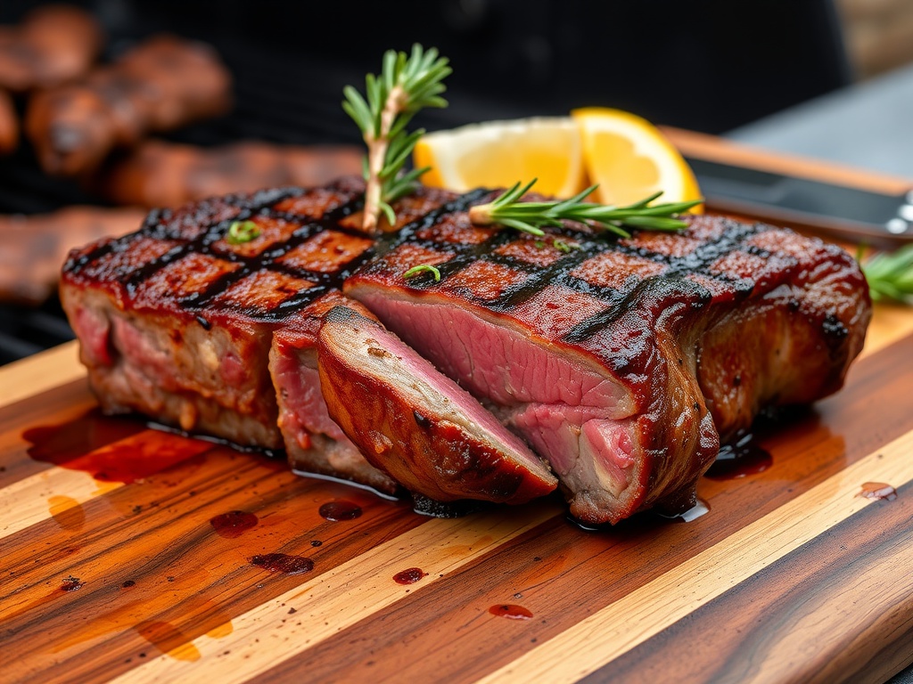 Juicy Grilled Beef Ribeye Steak Grilled beef ribeye steak on a wooden board, garnished with rosemary and lemon, with an outdoor grill in the background.